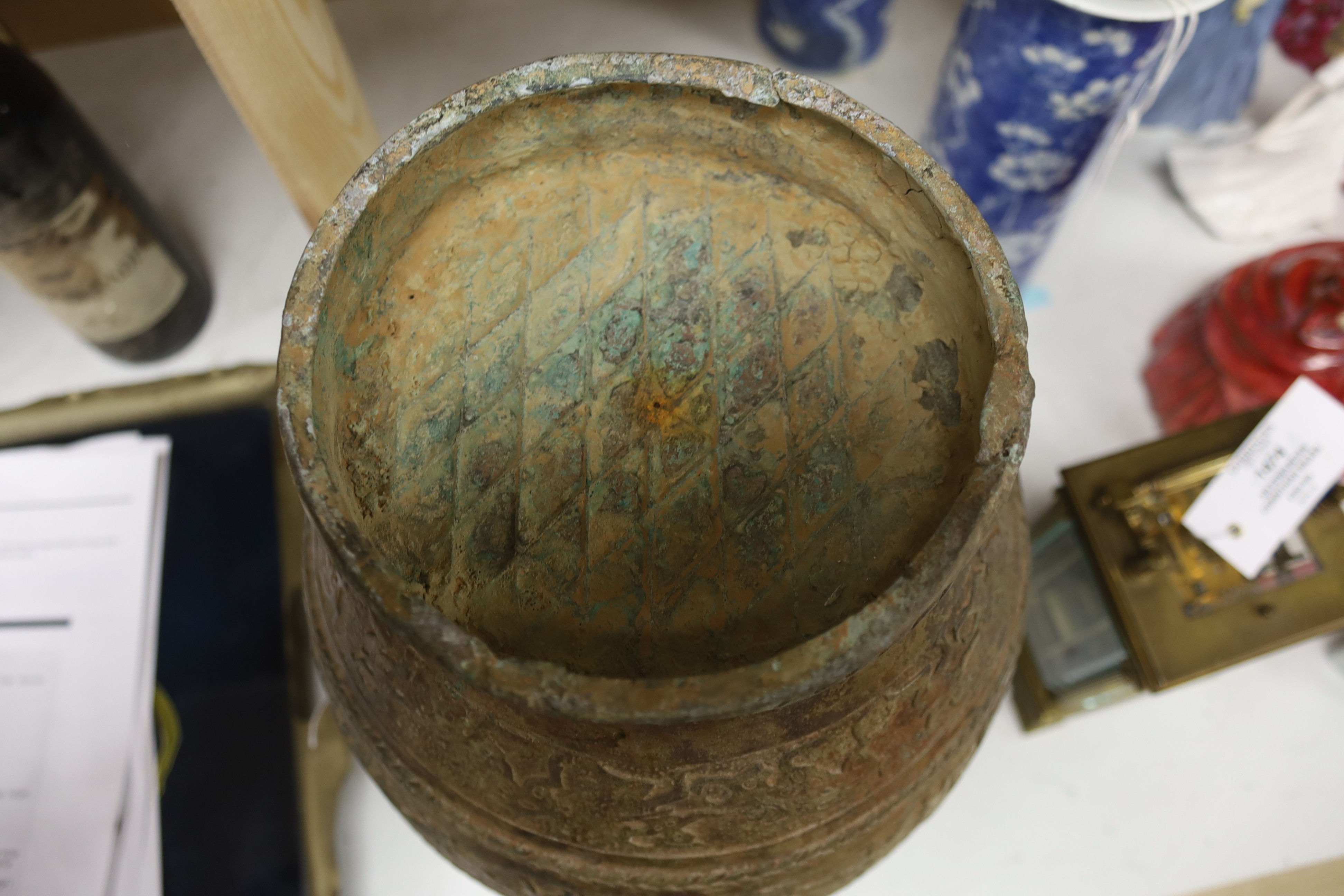 A Chinese cast bronze jar and cover, height 40cm